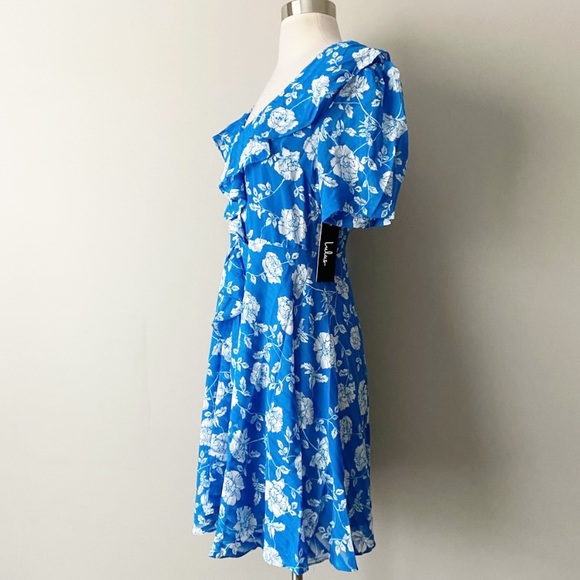 NWT LuLus Ruffle Floral Blue & White Skater Ximena Mini Dress Women's Size Small - Picture 4 of 11